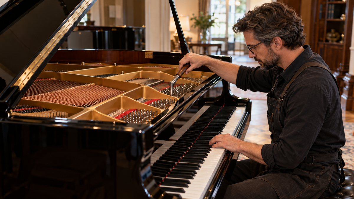 Piano technician and pianist at an acoustic piano